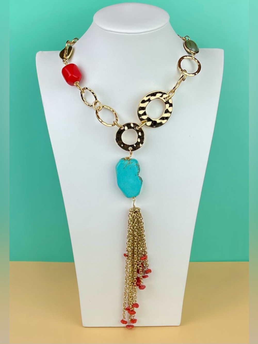 Chico’s Bold Southwestern Tassel Statement Necklace – Multi-Stone & Gold Tone
